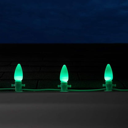 Wintergreen Lighting C9 Green OptiCore LED Commercial Outdoor Christmas Lights – Heavy Duty Smooth Ceramic Style Bulbs for St. Patrick's Day, Halloween; White Wire (100 Lights, 100 Ft)
