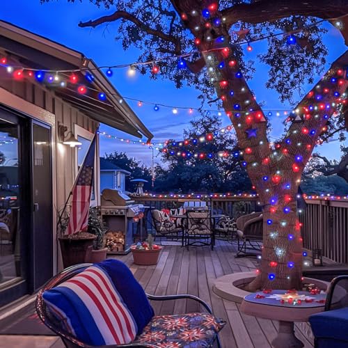 JMEXSUSS 200 LED 66ft Red White and Blue Lights Outdoor Plug in