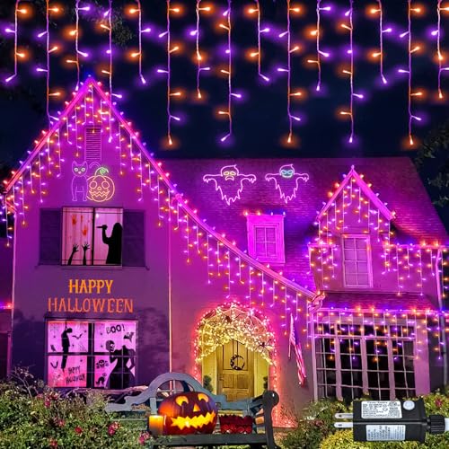 33ft Orange and Purple Halloween Lights Outdoor, 400 LED Icicle Lights for Outside House Decor, Connectable Clear Wire Twinkle String Lights with 8 Modes, Timer, Waterproof for Holiday Party Tree Yard