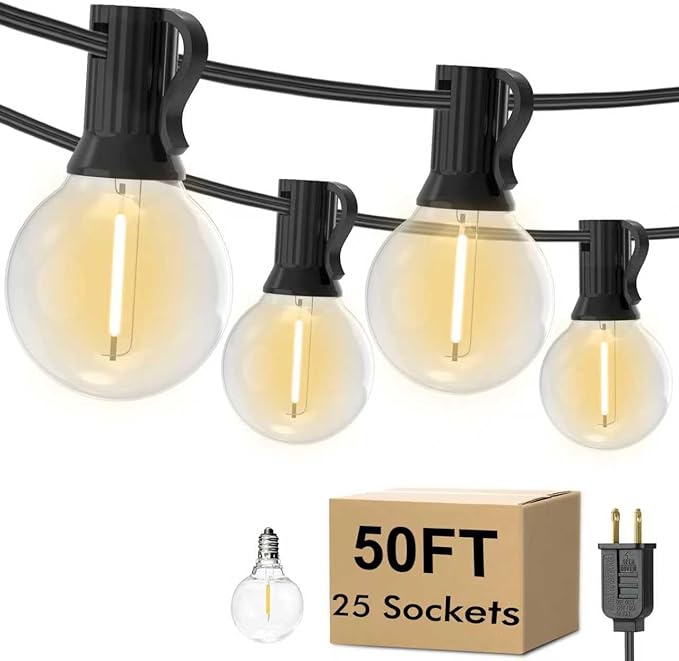 50FT Outdoor String Lights, 25+1 LED Plastic G40 Bulbs,Shatterproof & Connectable Patio Lights, Waterproof Hanging String Lights for Backyard, Bistro, Porch, Deck, Balcony,2700K Warm White