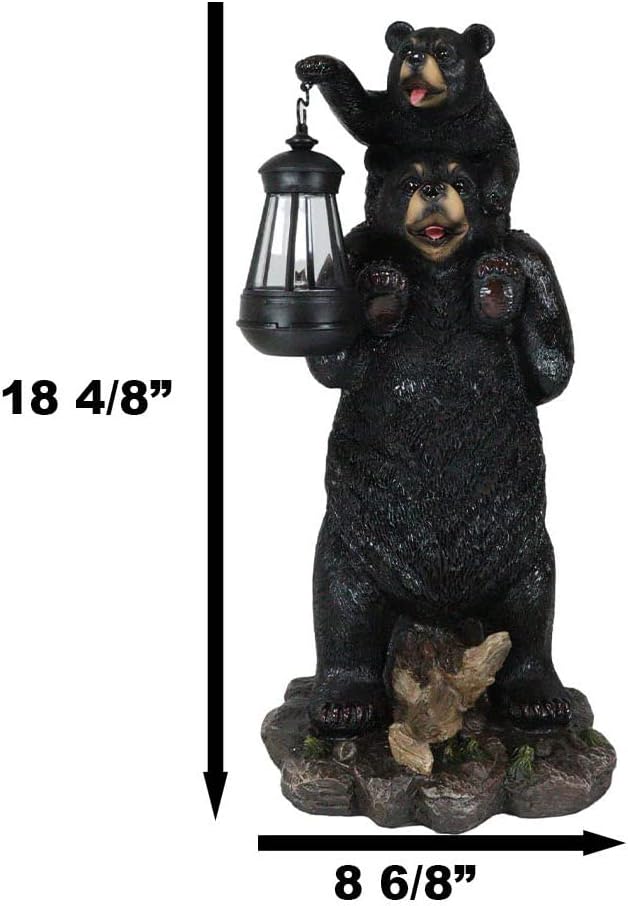 Ebros Rustic Black Bear Family Statue 18.75" Tall with Solar LED Lantern Light - Realistic Wildlife Decor