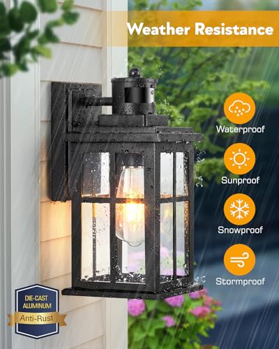 Motion Sensor Outdoor Lights, 2 Pack Outside Light Fixture Dusk to Dawn, Black Outdoor Motion Sensor Light, Anti-Rust Exterior Light Fixture for House, Garage, Doorway, Porch, 100% Aluminum