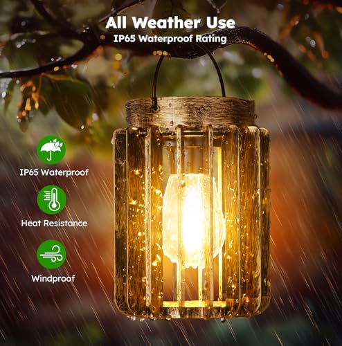 2 Pack Solar Lanterns Outdoor Waterproof, Retro Hanging Lantern, Bronze