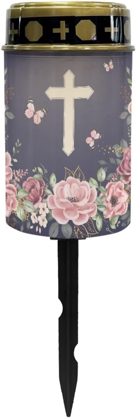 Floral Cross Solar Garden Lights Outdoor - Decorative Stake for Landscape, Cemetery, Grave - Decorate Lawn, Patio, Fence, Backyard