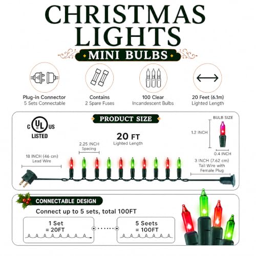TW SHINE Christmas Mini String Lights, 20FT 100 Count Incandescent Mini Christmas Tree Lights, Waterproof Xmas String Lights for Outdoor Indoor Home Party Yard Decorations, Red and Green