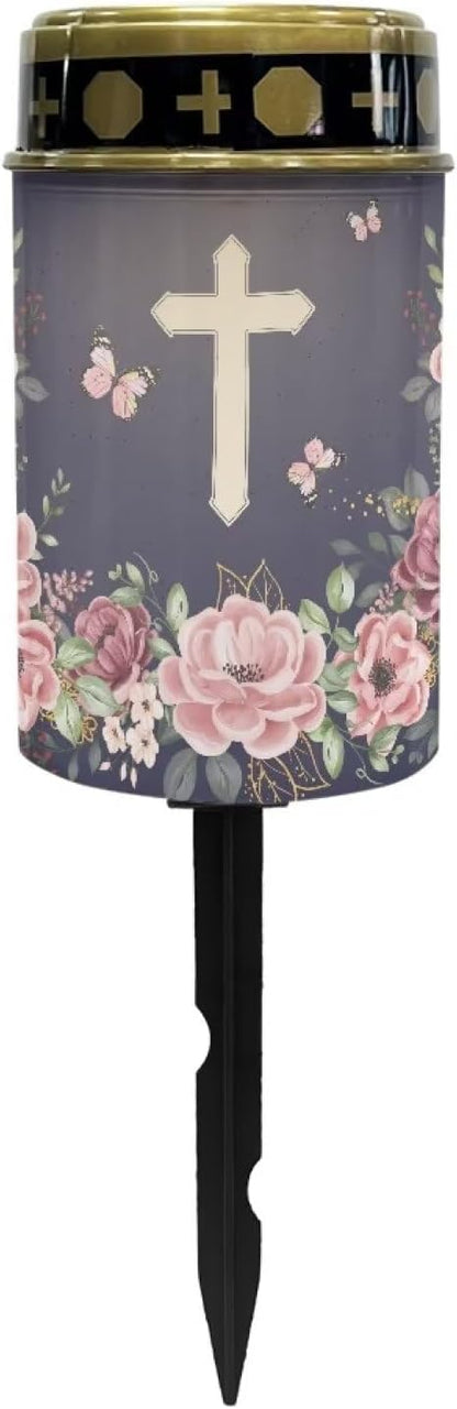 Cross Pink Flower Cemetery Solar Lights for Grave Printed Solar Garden Lights for Cemetery Solar Lights Outdoor Garden, Eternal Lights for Cemetery Grave Decorations