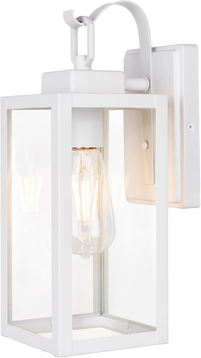 GRUENLICH Outdoor Wall Lantern, Wall Sconce for Porch Lighting Fixture, E26 Base Max 60W, Metal Housing Plus Glass, White Finish, Bulb Not Included, 1-Pack