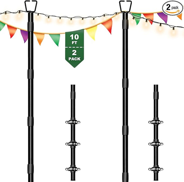 10Ft String Light Poles for Outside - 2 Pack Adjustable Metal Poles for Outdoor String Lights, Rustproof & Sturdy | Lumora
