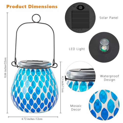 Starsoul Solar Lanterns Outdoor Waterproof, Elegant Blue Glass Mosaic Solar Lantern, Solar Hanging Lights Outside Patio Porch Yard Decor