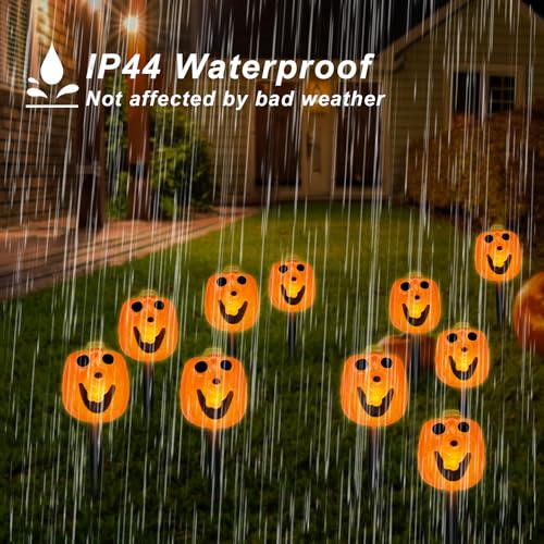 BRIGHTDECK Halloween Solar Pathway Lights Outdoor, LED Decor, Light Up Solar Stake Lights for Holiday, Halloween, Walkway, Sidewalk (Smile Pumpkin, 10-Pack)