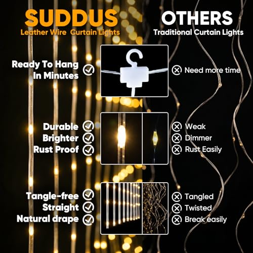 suddus Tangle-Free Curtain Lights,200 LED 6.5x6.5ft Hanging Lights with Hooks, Curtain Lights for Bedroom,Christmas, Dorm, Wall, Backdrop, Window, Wedding, Party, Birthday Decor, Warm White
