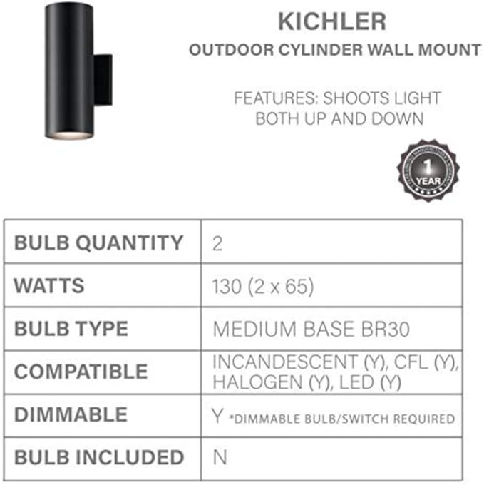 Kichler Cylinders 12" Outdoor Wall Sconce in Black, 2-Light Exterior Wall Light, Cylinder Fixture, (12" H x 5" W) | Lumora