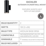 Kichler Cylinders 12" Outdoor Wall Sconce in Black, 2-Light Exterior Wall Light, Cylinder Fixture, (12" H x 5" W) | Lumora
