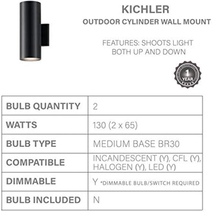 Kichler Cylinders 12" Outdoor Wall Sconce in Black, 2-Light Exterior Wall Light, Cylinder Fixture, (12" H x 5" W), 9244BK (Pack of 2)