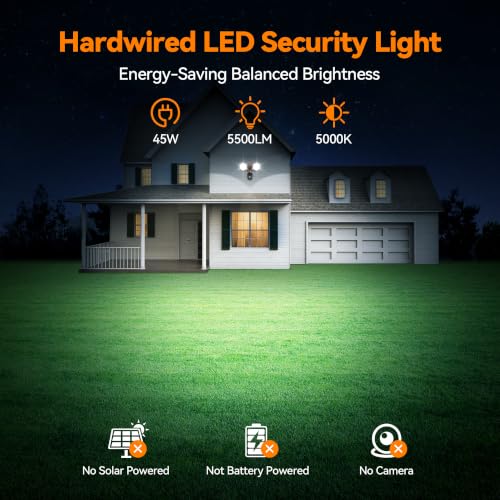 45W 5500LM PIR Motion Sensor Outdoor Lights, Dual Head LED Flood Light, 5000K Daylight, IP65 Waterproof Hardwired Dusk to Dawn Motion Detector Security Light for Outside Garage Yard (Brown)