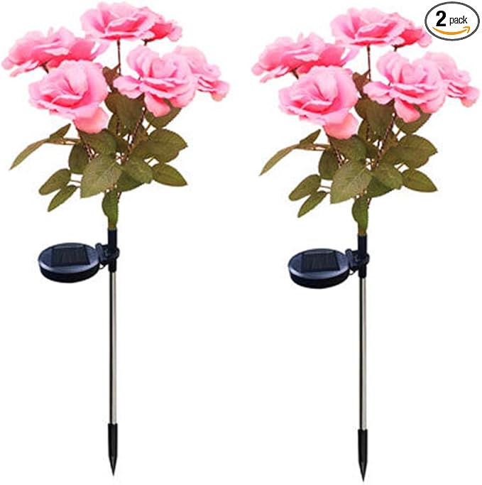 Aolyty Solar Garden Lights, 2 Pack Solar Rose Lights with 14 Rose Flowers, IP65 Waterproof LED Landscape Light Warm Light for Garden Patio Yard Pathway Valentines Day Outdoor Decorative (Pink)