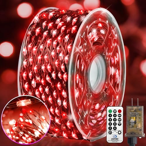KNONEW 400FT 1200LED Green Wire Outdoor Fairy Lights Plug in Red Christmas
