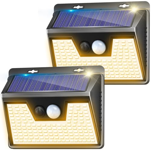 Solar Lights Outdoor 2 Pack, 140LED/3 Modes Motion Sensor Outdoor Lights Solar Powered, Wireless IP65 Waterproof Solar Lights Outside Bright for Deck Steps Fence Patio Front Door Pathway, Warm White