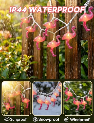 Oviejo 8.5Ft Pink Flamingo Outdoor String Lights Summer Patio String Lights with 10 Mini Flamingo Lights, for Birthday Party Fiesta Decoration,Summer Decor,White Wire