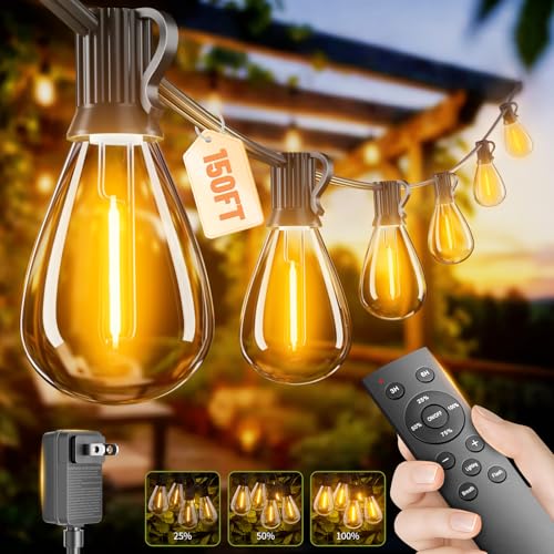150FT Outdoor String Lights with Remote & Dimmable, 55+2 Shatterproof Waterproof Bulbs, Dimmable Outside Hanging Patio Lights for Backyard, Porch, Deck, Garden 2200K Warm White