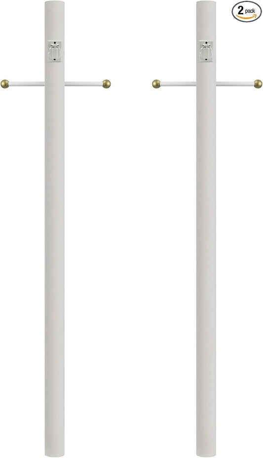 Solus 7-Foot Direct Burial Lamp Post – Outdoor Aluminum Light Pole with Decorative Cross Arm & 120V Outlet – Fits 3" Post Top Fixtures, Made in USA, Black, Bronze, or White, (White, Set of 2)