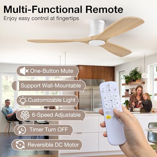 52” Low Profile Wood Ceiling Fans with Lights Remote,Flush Mount,Modern