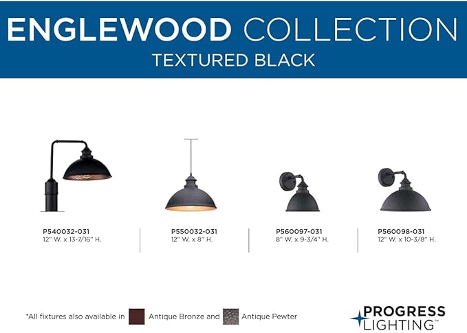 Progress Lighting Englewood Collection 1-Light Farmhouse Outdoor Medium Wall Lantern Light Textured Black, 10.38x12.00x12.00