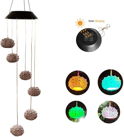 Solar Sea Urchin Wind Chime Light 6 LEDs Colorful Color Changing Outdoor Decorative Solar Hanging Light Painted Marine LED Lights for Garden Walkway Patio Yard, 1 Pack