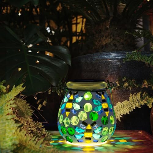Starsoul Mosaic Solar Lanterns Outdoor Waterproof, Bee Decor Hanging Mosaic Glass Solar Lantern Decorative for Garden Outside Pathway