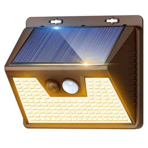 kolpop Solar Lights Outdoor 1 Pack, 140LED/3 Modes Motion Sensor Lights Solar Powered, Wireless IP65 Waterproof Outdoor Wall Lights, Bright for Deck Fence Patio Front Door, Warm Light (Brown)