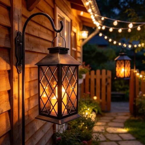 Solar Outdoor Lantern, Garden Hanging Waterproof Lanterns, 3 LED Flickering Flameless Candle, PVC, for Garden Decor Gifts (2 Pack)