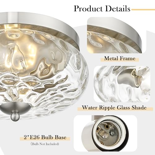 Darkaway Ceiling Light Fixtures Flush Mount Indoor Outdoor Ceiling Light with Water Ripple Glass Shade for Hallway Kitchen Bedroom Porch Living Room Nickel Finish