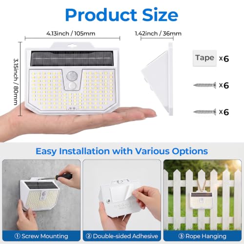 Brightever 6-Pack Solar Lights Outdoor Motion Sensor, Solar Security Lights with 3 Lighting Modes, IP65 Waterproof Solar Wall Lights for Outside, Fence, Deck, Step, Cool White