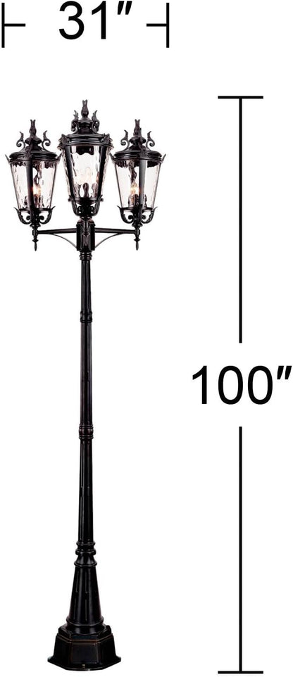 John Timberland Marseille Traditional Outdoor Post Light Street Lantern 3-Light Fixture Textured Black 100" Clear Hammered Glass Lantern Exterior House Porch Patio Outside Deck Yard Driveway