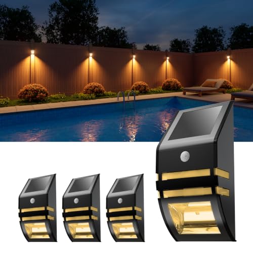 4 Pack Warm White Solar Fence Lights, Black Stainless Steel Shell