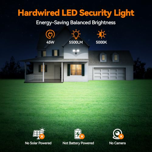 45W 5500LM PIR Motion Sensor Outdoor Lights, Dual Head LED Flood Light, 5000K Daylight, IP65 Waterproof Hardwired Dusk to Dawn Motion Detector Security Light for Outside Garage Yard (Black)