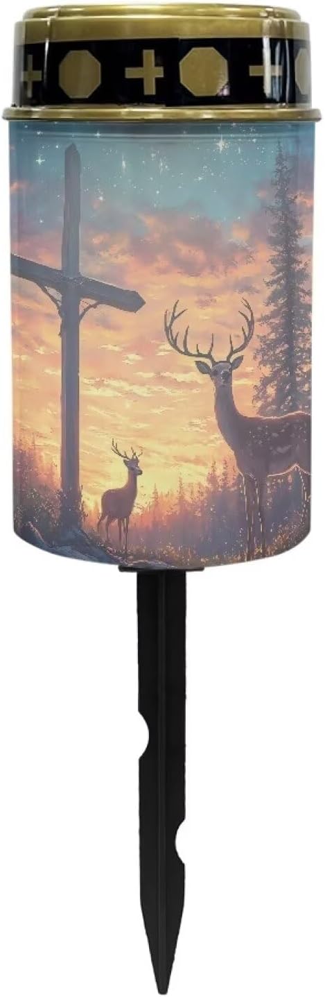 Poceacles Cross Solar Lights Cemetery Solar Lights for Grave Solar Candle Solar Lantern Light Walkway Lights Waterproof Landscape Lighting for Loss of Loved One, Deer Cross Galaxy Star