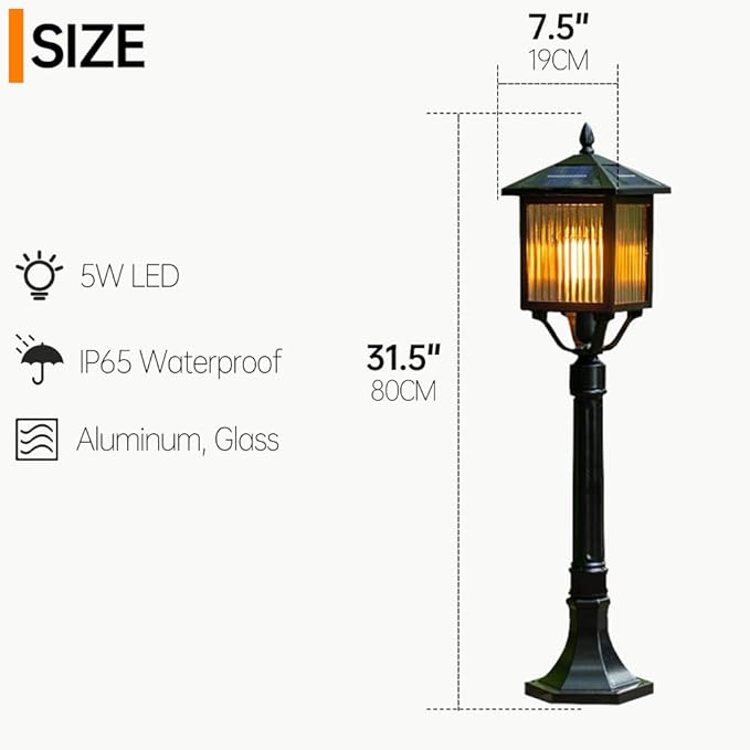 Solar Pathway Light Vintage Square Landscape Path Light Black Aluminum Bollard Lantern Solar Waterproof LED Bollard Lighting Fixture for Courtyard Garden Lawn Porch Patio