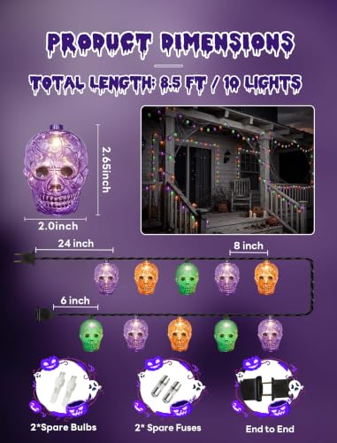 Abeja Halloween Skull String Lights Outdoor, 8.5FT 10 LED Ghost Head Lights