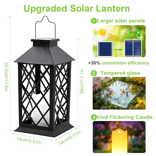 2 Pack 14'' Large Tempered Glass Solar Lanterns Outdoor Waterproof