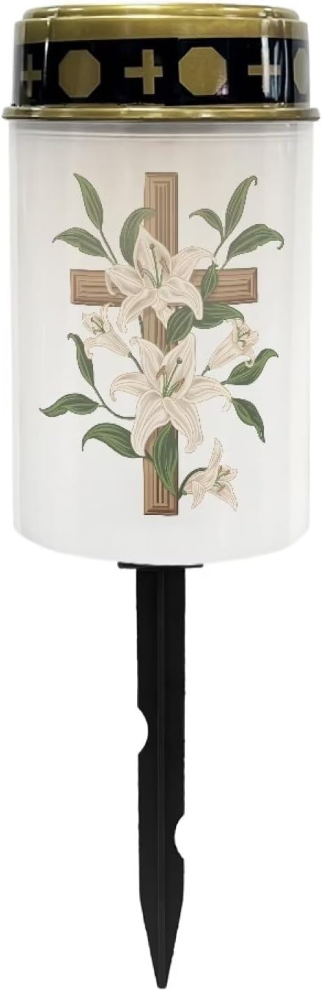 White Lily Cemetery Solar Lights for Grave Cross Solar Lights Grave Decorations for Cemetery Dad with Floral Solar Garden Landscape, Path Stake Lights