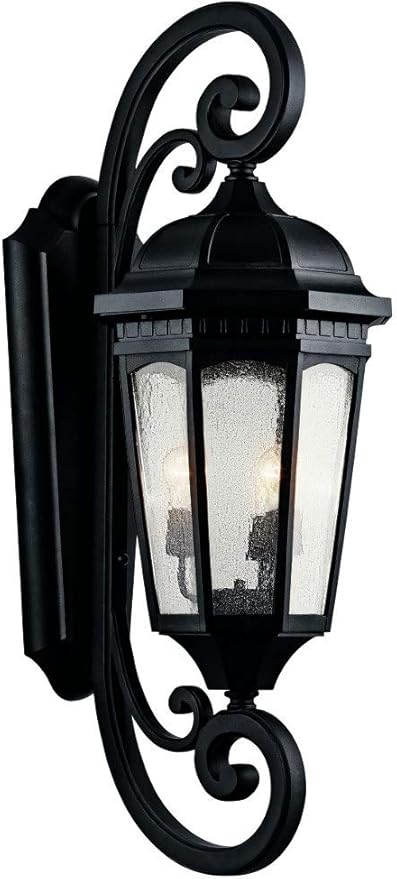 Kichler Courtyard 40.50" 3 Light Outdoor Wall Light with Clear Seeded Glass in Textured Black | Lumora
