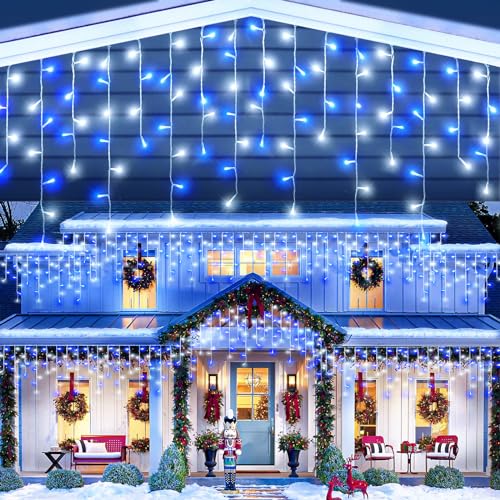 99ft Blue and White Christmas Lights, 1216 LED Icicle Lights for Outside House Clear Wire Twinkle Light with 8 Modes Timer Waterproof for Window Party Tree Holiday Patio Yard Home Decor