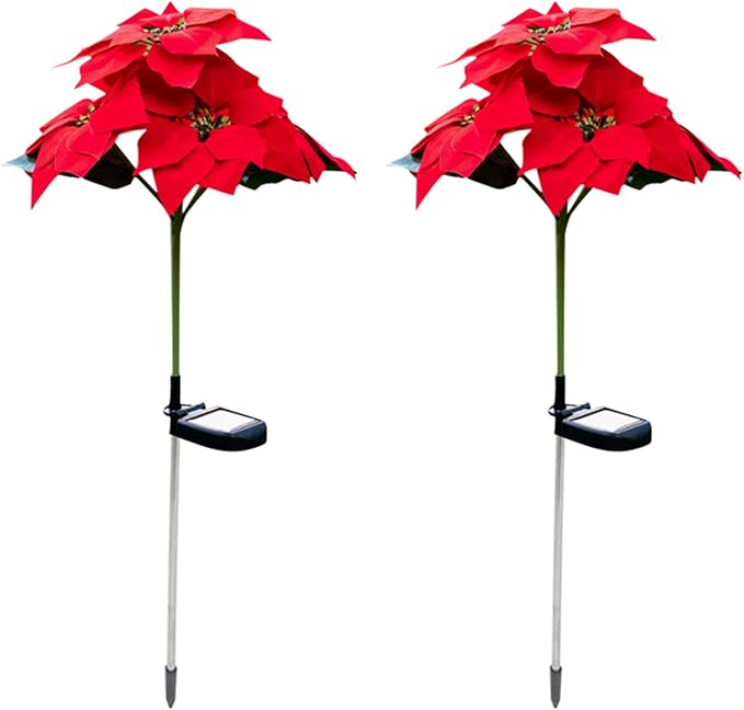 Outdoor Solar Flower Lights,2Pcs15.7Inch Solar Christmas Poinsettia Flower Lights,Waterproof Garden Stake Light Decorative Solar Patio Lawn Lamp for Yard Pathway