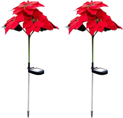 Outdoor Solar Flower Lights,2Pcs15.7Inch Solar Christmas Poinsettia Flower Lights,Waterproof Garden Stake Light Decorative Solar Patio Lawn Lamp for Yard Pathway