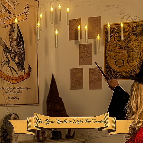 Homemory Hanging Floating Candles with Wand Remote and String, Flying Flameless LED Taper Candles Warm White Light, Battery Operated Window Candles with Wand for Halloween Christmas Party, 12 Pcs