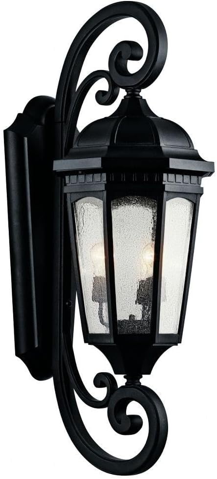 Kichler Courtyard 40.50" 3 Light Outdoor Wall Light with Clear Seeded Glass in Textured Black | Lumora