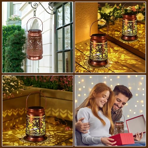 Solar Lantern Outdoor Hanging — Metal Hummingbird Solar Lights with Floral Projection, IP65 Waterproof, Auto On/Off, 8–12H Illumination, Garden Décor Gift for Mom Grandma Women Patio