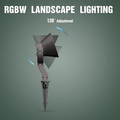 GOODSMANN RGBW Low Voltage LED Spotlight Color Changing Landscape Light 12V-15V 12W 650 Lumen Outdoor Spot Light 9 Lighting Modes Aluminum Flood Light with Cable Connector and Metal Spike Stake