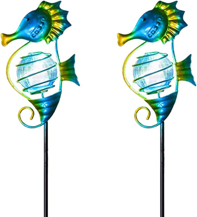 Solar Lights Outdoor 2 Pack,Metal Garden Decorative Stake Solar Lights Blue Seahorse Decor for Garden,Pathway,Lawn,Patio,Yard